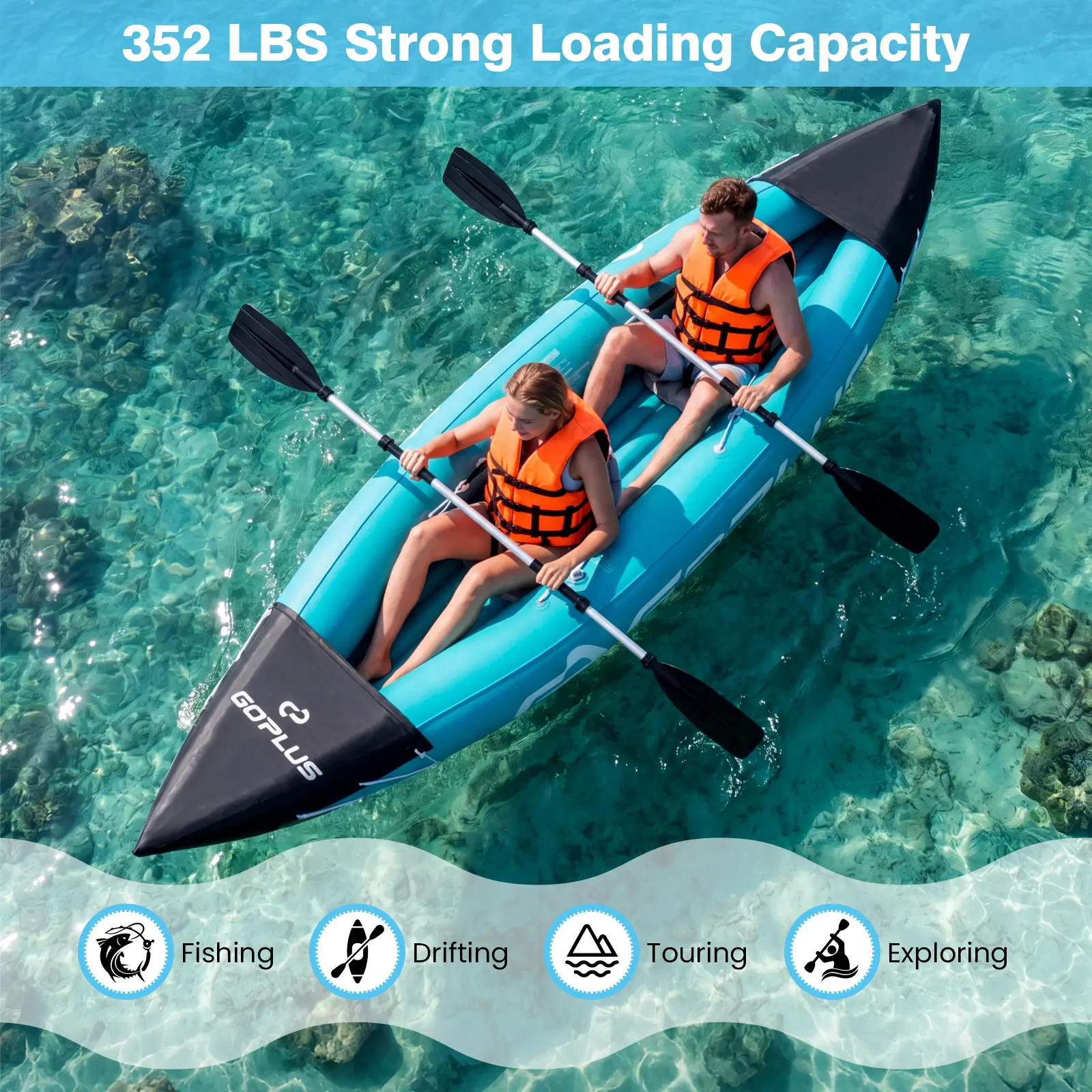 Inflatable Kayak 2 Person, Heavy Duty Tandem Touring Kayak with Aluminum Paddles, Fin, Inflatable Seats, Foot Pump, 10.5ft Stable Blow Up Boat for Adults, Foldable Canoe for Fishing Lake River