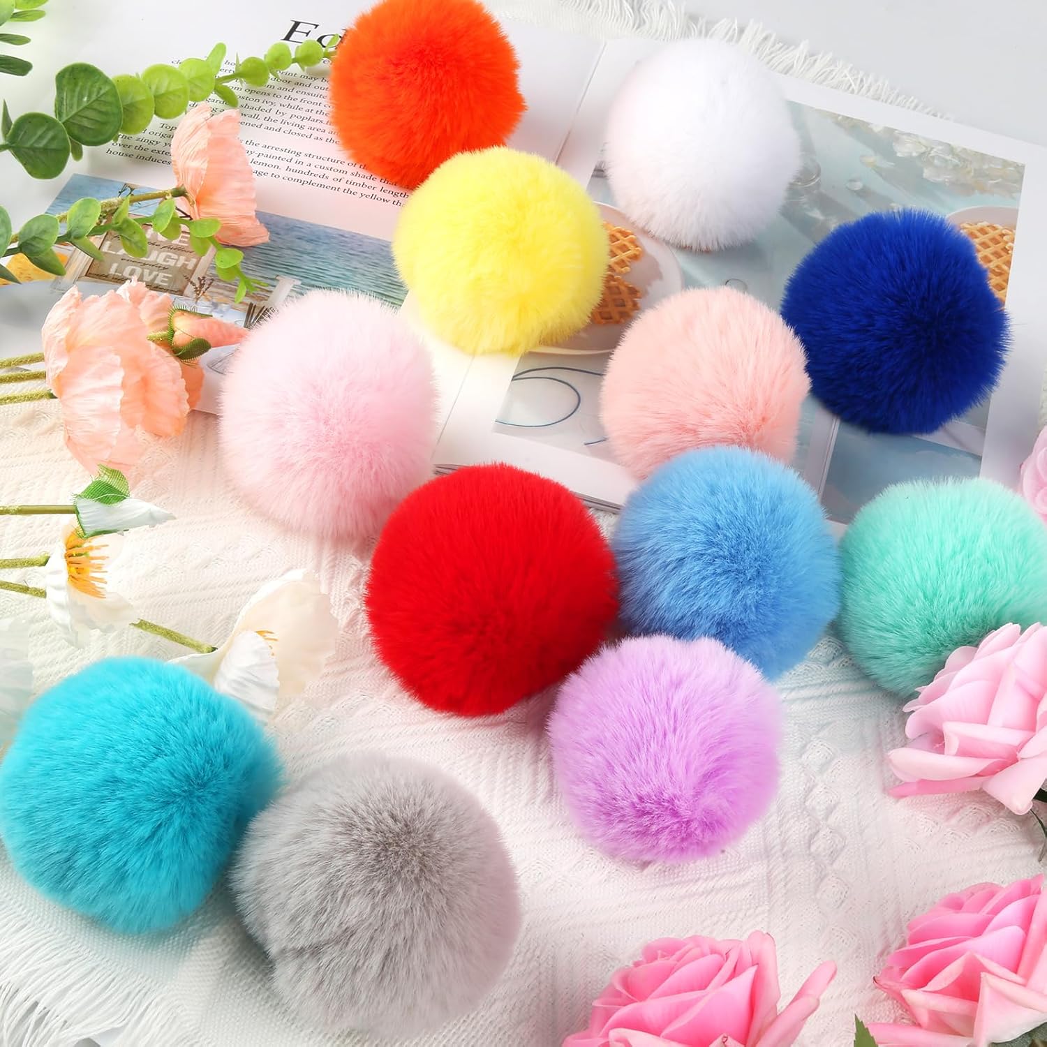 Pack of 46 Pompoms Lmitation Rabbit Fur Ball, with Elastic Ring DIY Fluffy Ball, 23 Colours in Pairs, Suitable for Hats, Brimless Hats, Shoes, Scarves, Gloves, Bags, Accessories, Handmade Accessories Decorations