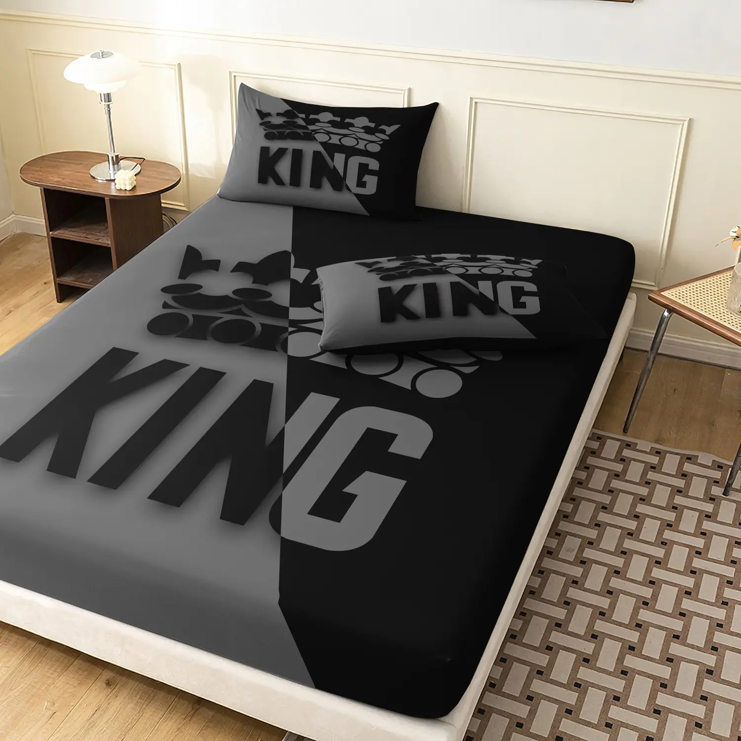3 Pieces Black Grey Gradient KING Crown Print Fitted Sheet Set, Modern Men Letter Crown Printed Bedding, Soft Microfiber Masculine Trendy Bedding For Bedroom Home Decoration, Multiple Sizes Available (1 Fitted Sheet + 2 Pillowcases, No Pillow)