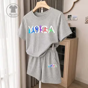 Women’S Casual Two Piece Set With Yoga Athletics Graphic Print, Soft Breathable Fabric, Relaxed Fit T-Shirt And Shorts, Perfect For Travel, Cruise, Beach, Shopping And Daily Summer Wear