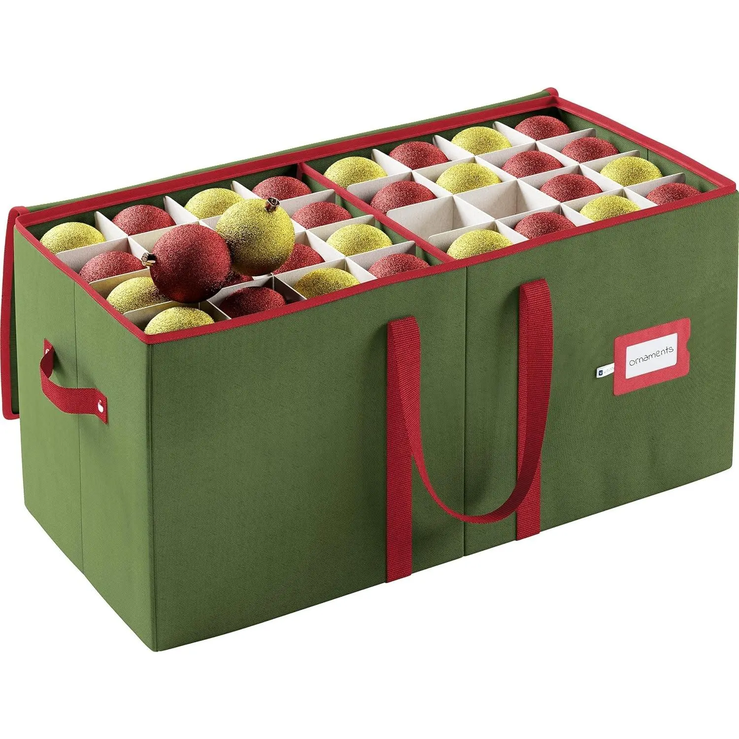 Christmas Ornament Storage Box - Green, Fits 128 Ornaments - Organizer With Dividers & Handles