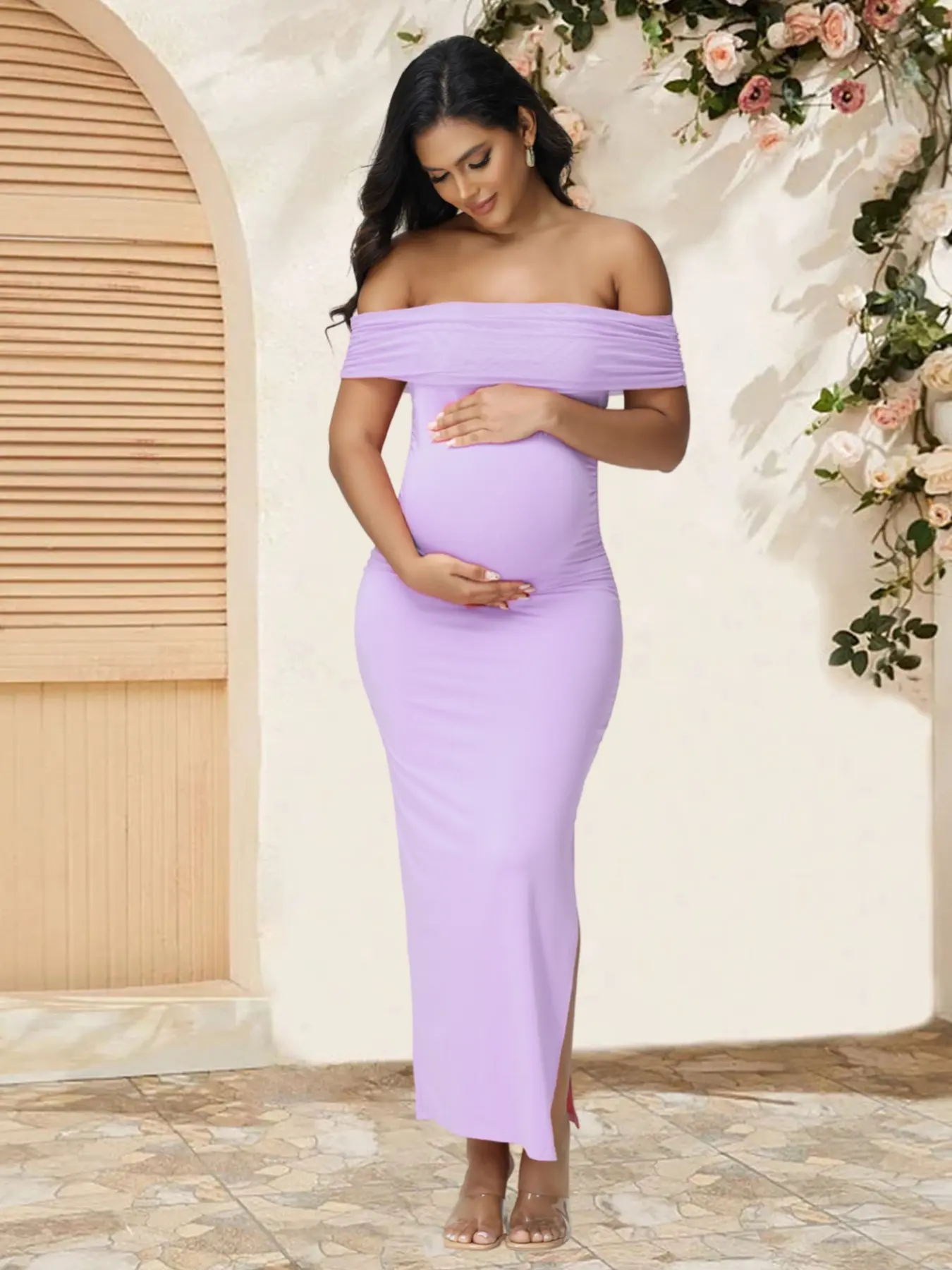 Maternity Off Shoulder Mesh Patchwork Side Slit Dress, Elegant Maternity Clothing, Summer Pregnant Dress, Maternity Dresses