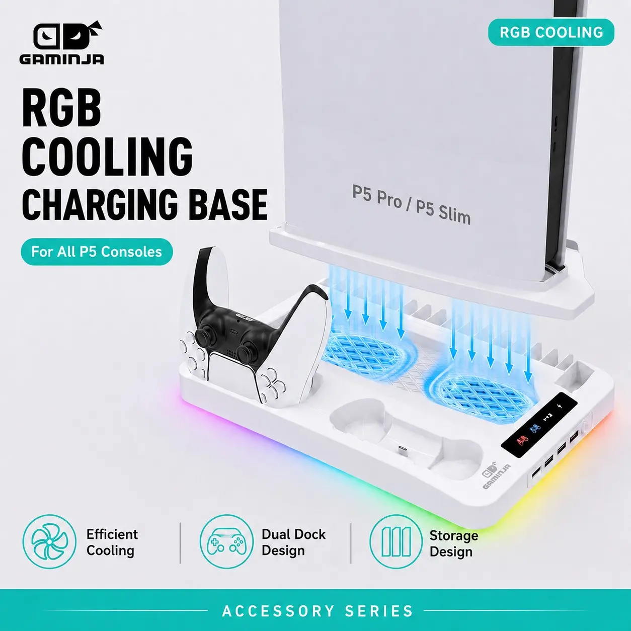 GAMINJA RGB Charging Base Cooling Fan for PS5 Console, Double Slot Controller Charging Base, Dual Controller Charger, Controller Charging Station, Fast Charging Slot for PS5 Game Controller, Gaming Accessories