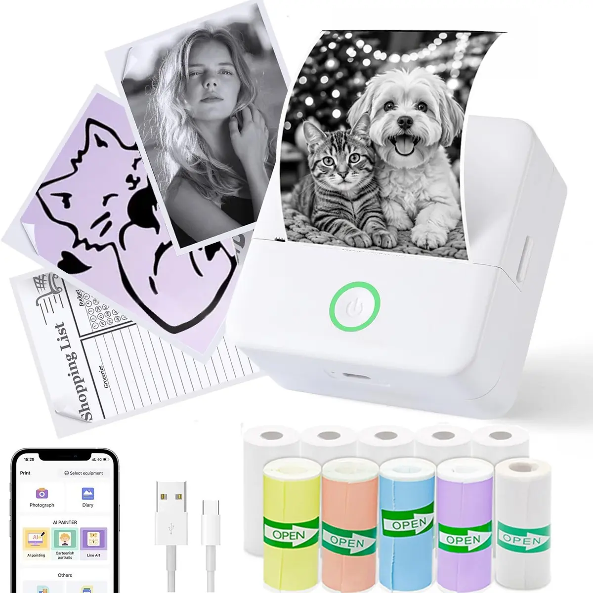 Wireless Thermal Mini Printer, Portable Ink-Free Label Printer, Inkless Label Printer, Includes 10 Rolls of Paper, Ideal for Photos, Notes, Gifts, Receipts, Lists, DIY Journals