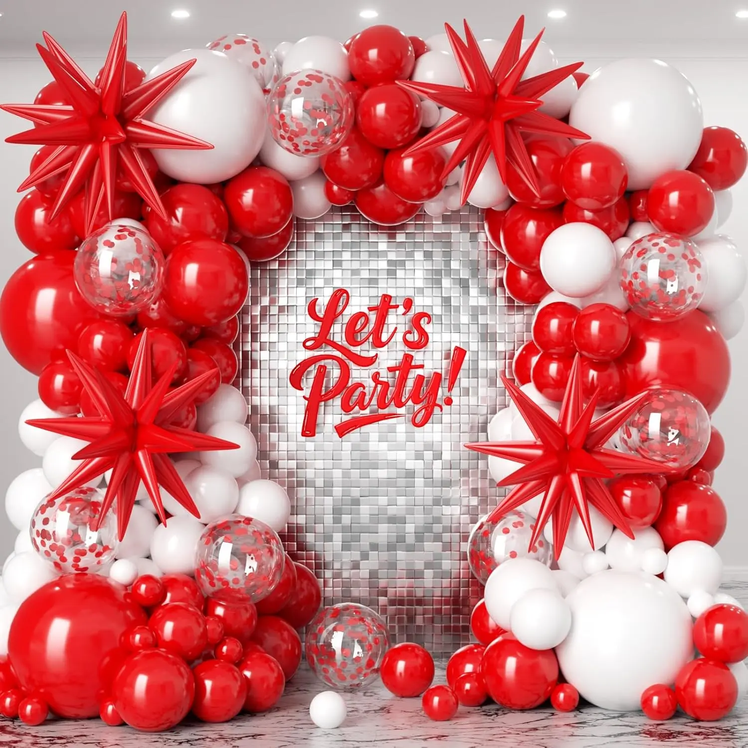 153pcs Multi-Event Red and White Star Round Balloon Garland Arch Kit - 22,18,12,10,5in Natural Latex Balloons with Confetti, Includes Glue for Christmas, Wedding Decorating