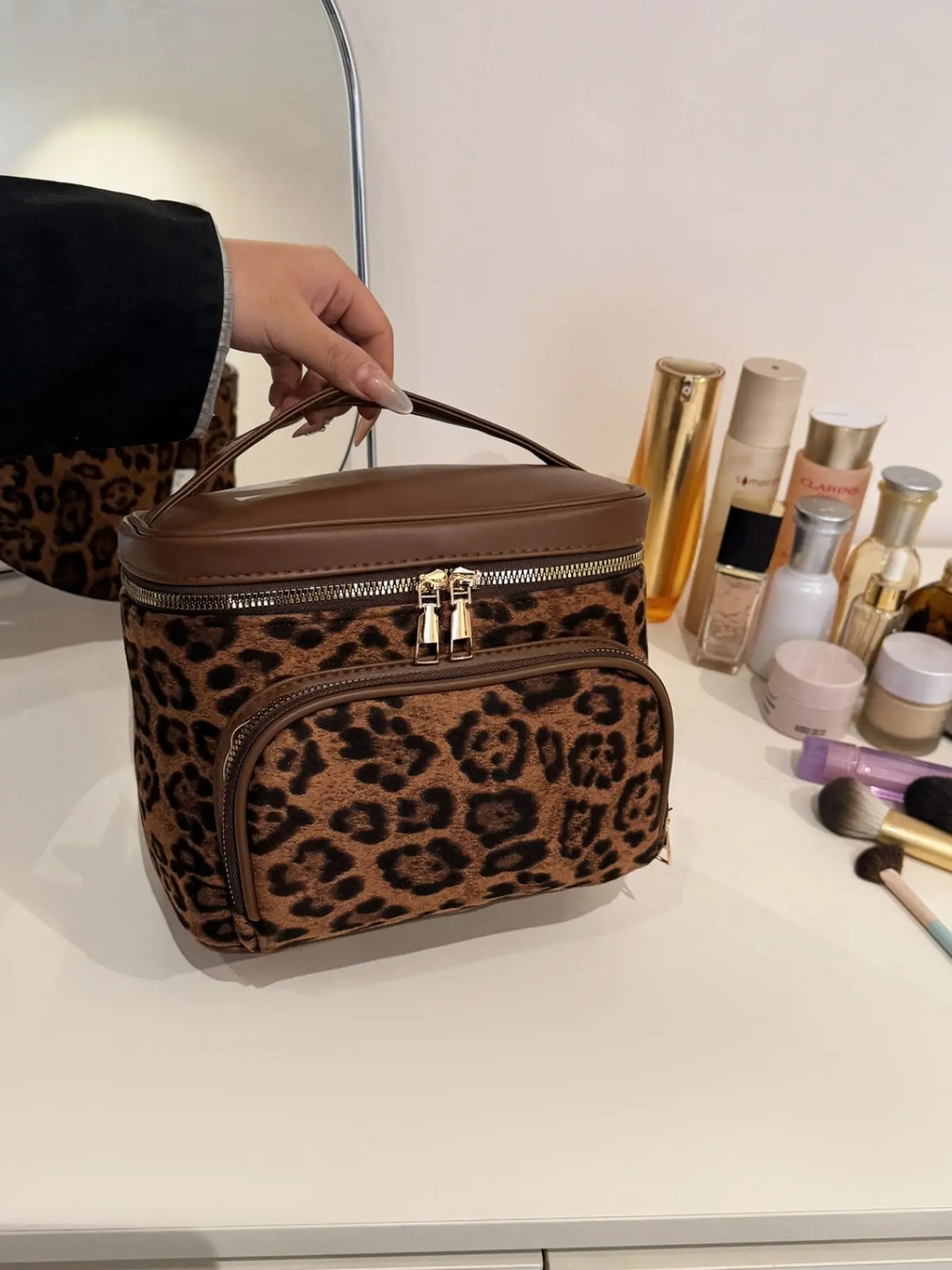 Leopard Print Fabric Makeup Box, Dual Zipper Portable Skincare Bag, Large Capacity Handheld Cosmetic Organizer, Travel Fitness Essentials