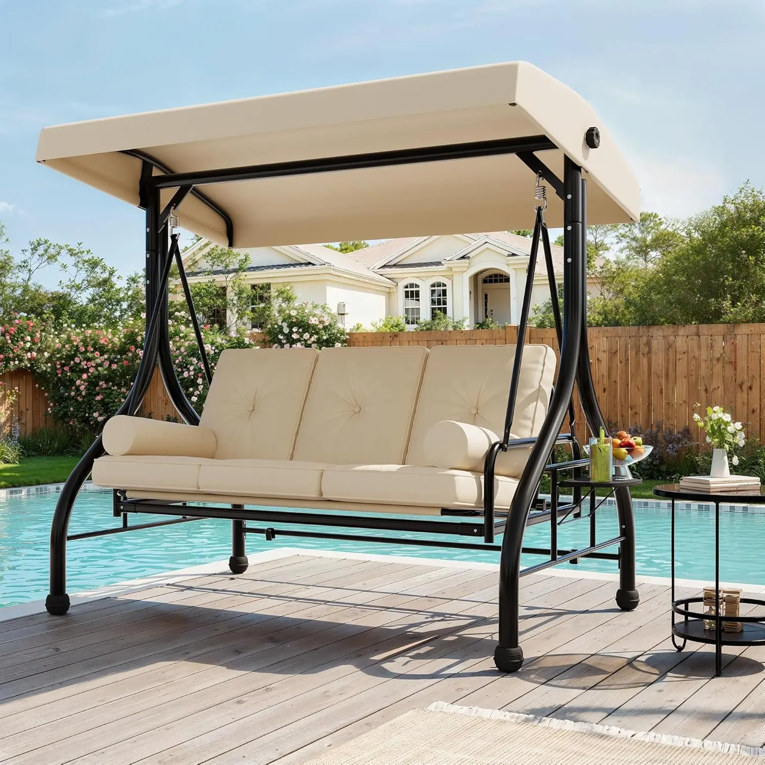 Heavy Duty 3-Seat Porch Swing Chair with Stand, Supports up to 800 LBS, Adjustable Canopy, Soft Cushions & Pillows plus Built-in Cup Holder Tray for Patio & Garden