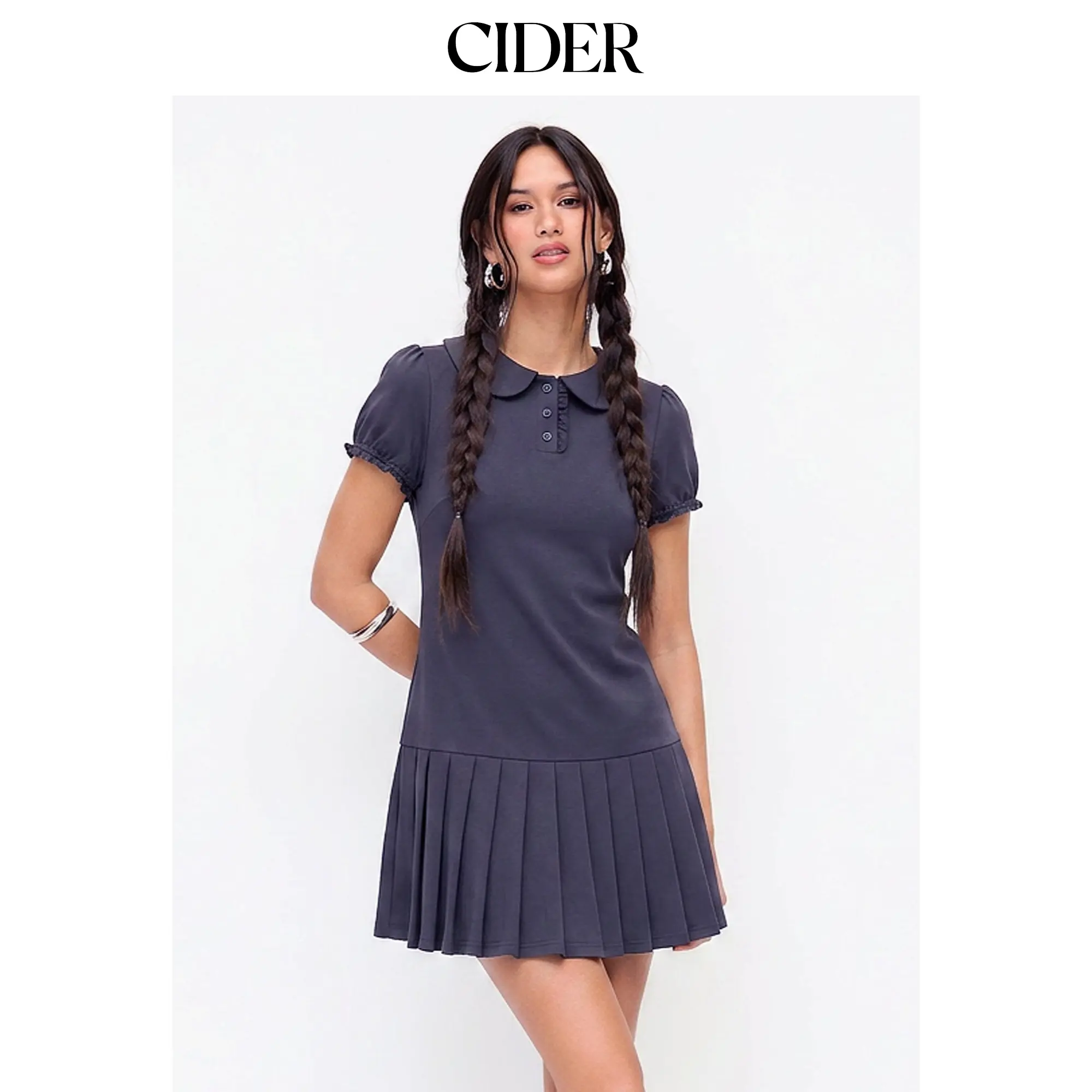 Cider Cotton-blend Polo Peter Pan Collar Puff Sleeve Ruffled Pleated Shirt Mini Dress SohoChic