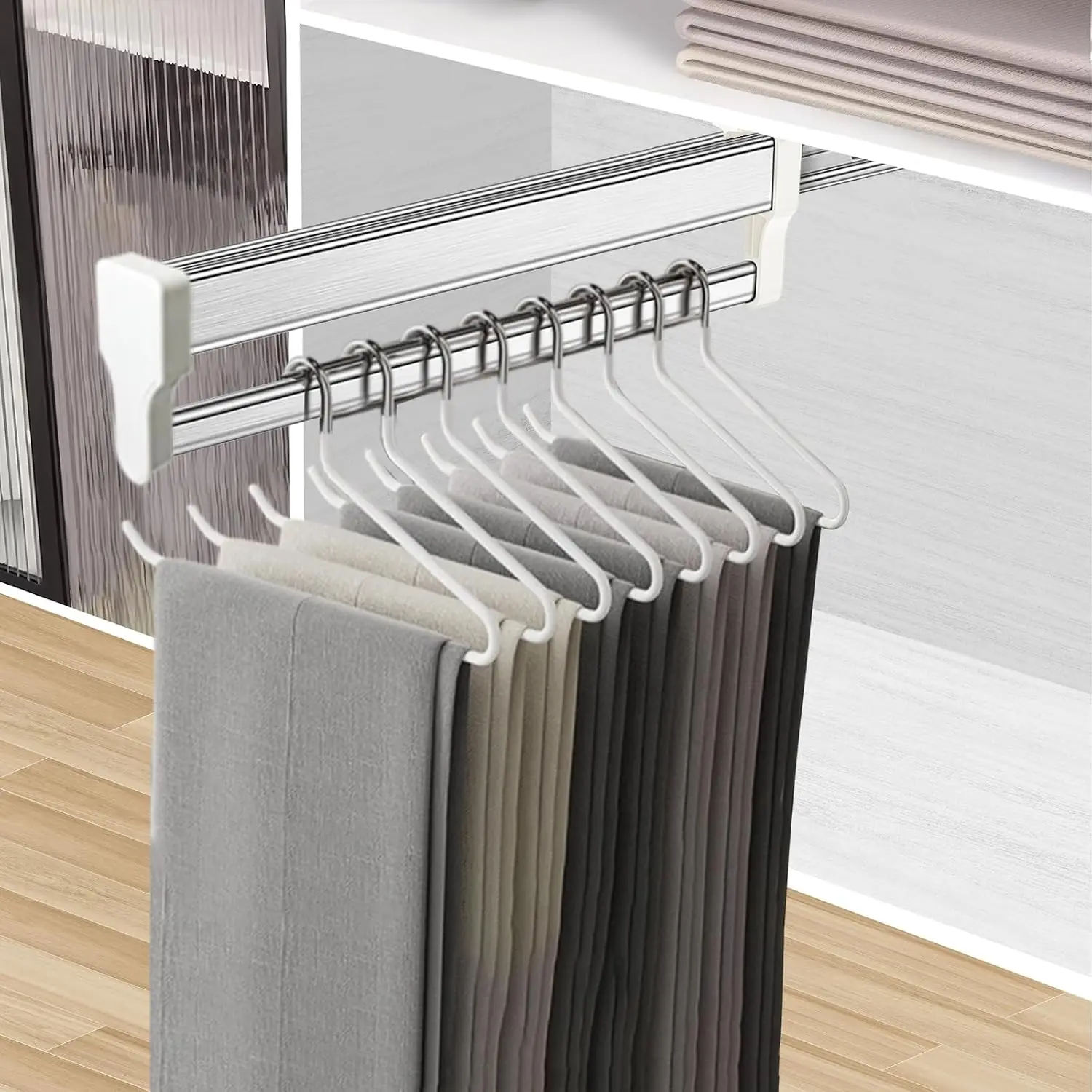 Pull Out Clothes Hanger Rod Adjustable Wardrobe Clothing Rail Hanger Rack Bar for Pants Clothes Stainless Steel (397mm/15.6inch) | extendable pants rack,  rails for clothes, smooth sliding, heavy duty steel, top mounted, space saving, load 25kg