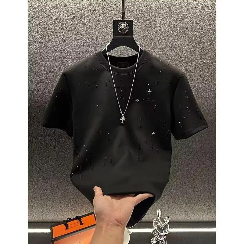 Summer Short Sleeve Men's Top Heavy Craft Light Luxury High-end Meteor Full Diamond T-shirt Men's Round Neck Half Sleeve T-shirt Fabric Menswear Crewneck Shortsleeve Seamless Spandex Stylish Tshirt Streetwear Casual.
