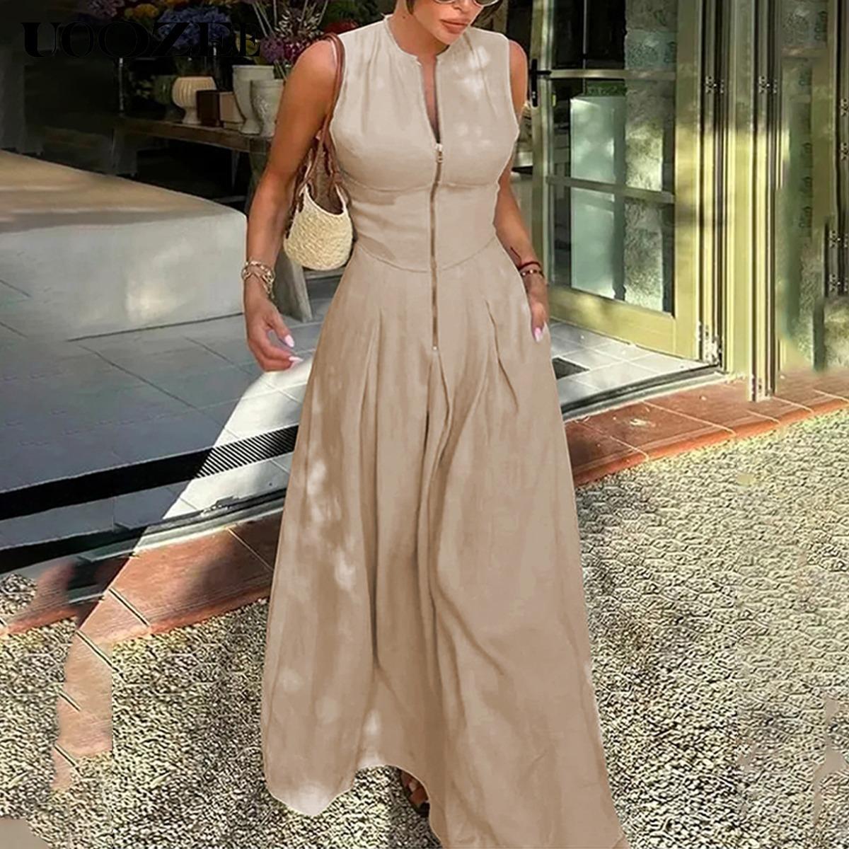UOOZEE Women's Summer Casual Elegant A-line Loose Pleated Pockets Zipper Round Neck Long Minimalist Dress. Smaller Bust Fit One Size Up Recommended for C - Cup Above & smaller bust can order a normal size. Multiple colors, Sleeveless Womenswear Check