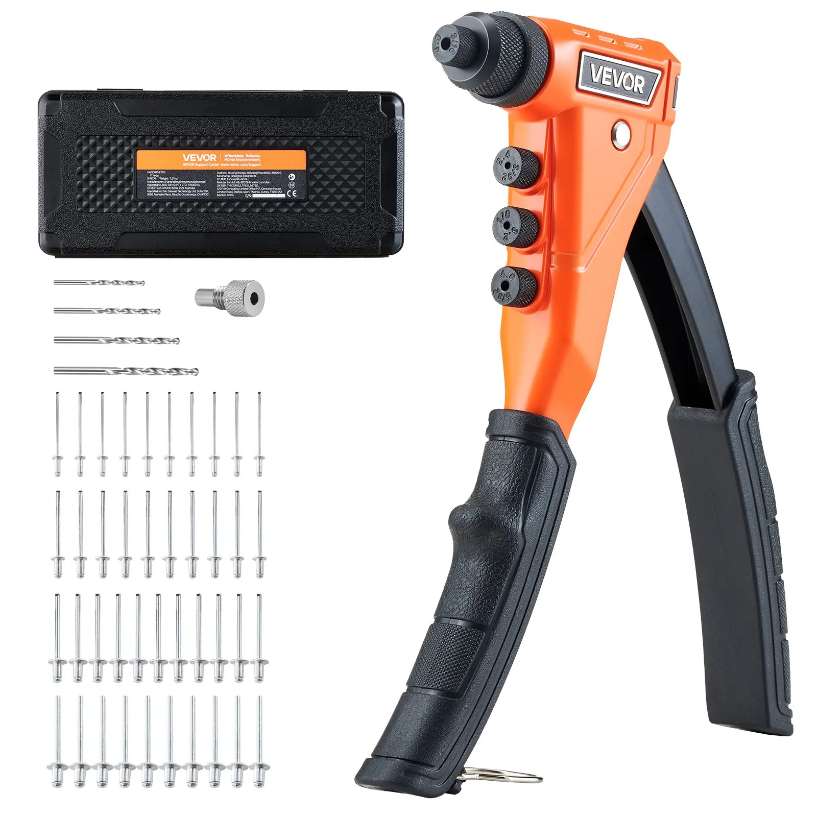 【DealsForYouDays】VEVOR Pop Rivet Gun Kit, with 200 Blind Rivets, Heavy Duty Single Hand Riveter with 4 Interchangeable Nosepieces, 4 Drill Bits, and a Carrying Case, Manual Riveting Tool for Metal, Automotive, Home