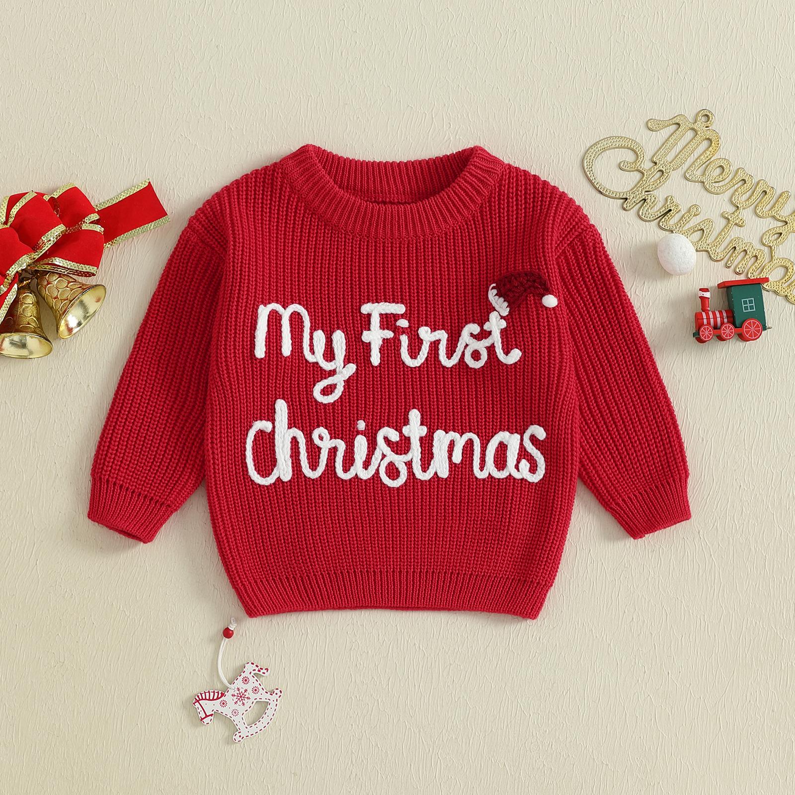 Infant Baby Girls Boy Knit Sweater Christmas Hat and Letter Embroidery Crew Neck Pullover Long Sleeve Tops 0-18 Months