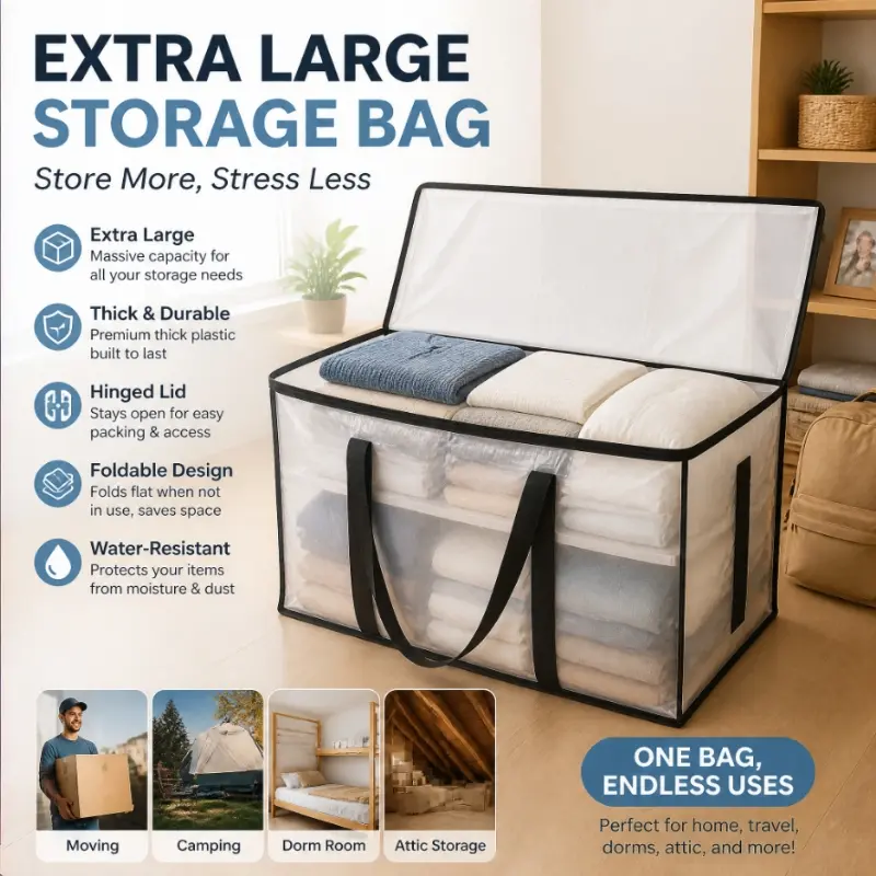 Large-capacity transparent thickened plastic foldable storage bag with hinged lid - a sturdy and durable organizing tool, perfect for home, camping, travel, attic storage, dorms, and moving. Plastic Storage Bags