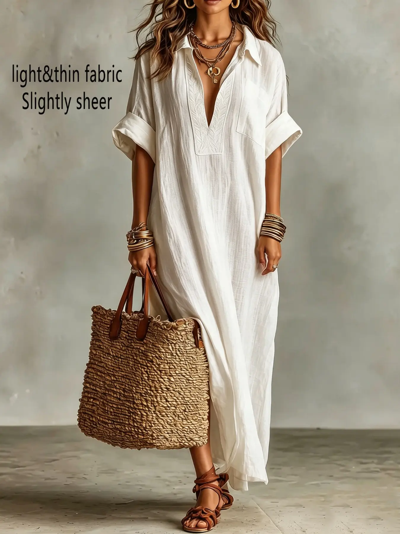 Bohemian Style Loose Fit Embroidered Front Long Shirt Dress for Beach Vacation