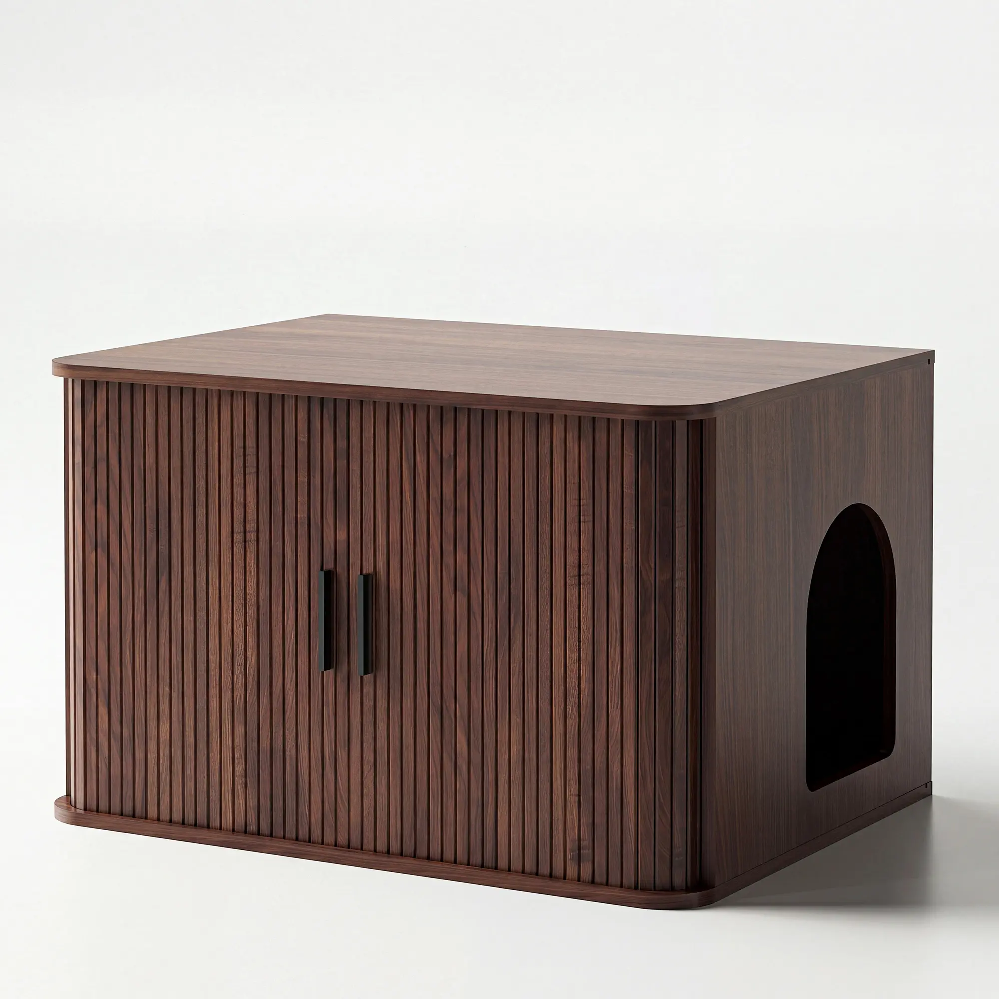 Claiks Wooden Cat Litter Box Enclosure, 31.5in Hidden 2-in-1 Odor-Seal Dog-Proof Cat Cabinet with Striped Rolling Door, Single Unit for Corner & Bedroom, Modern Natural Pet Furniture, Hidden Litter Box