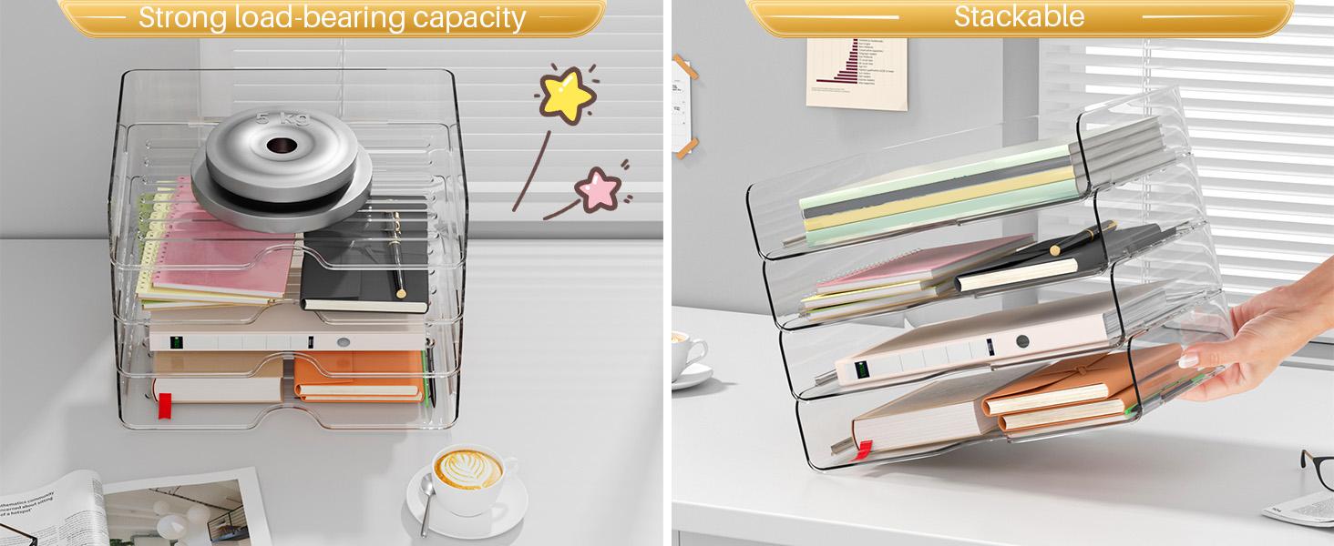 Paper Organizer Letter Tray, 4 Pack Acrylic Stackable Desk File Organizer for Files, Papers, iPads, Letters, A4 Office Files, Books, Notes, Etc