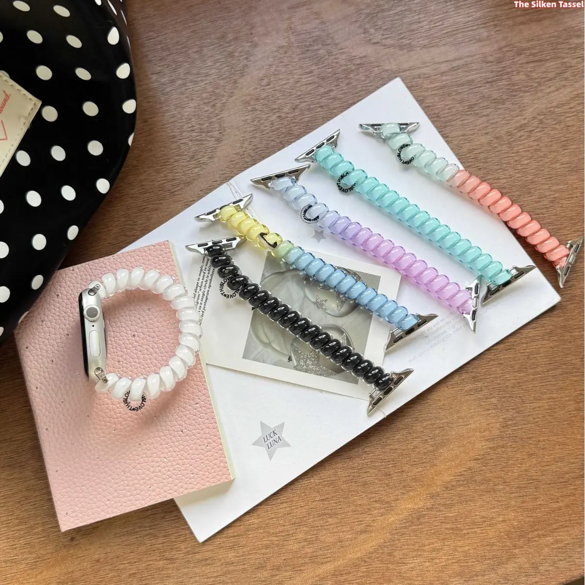 Pastel Candy Color Coil Telephone Cord Beaded Watch Band Compatible With Apple Watch Elastic Stretch Plastic Spring Wrist Strap Cute Kawaii Bracelet Accessory For Girls Women