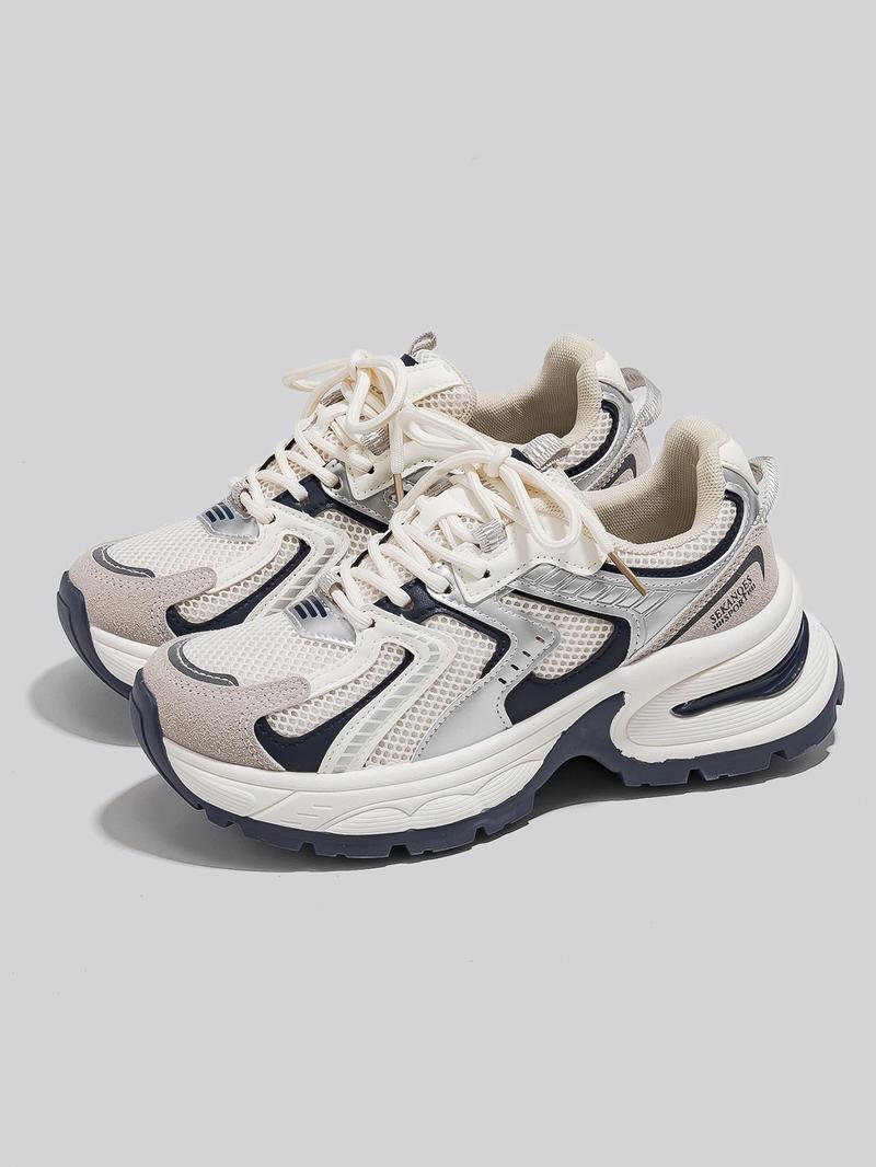 New Thick Sole Dad Shoes Fashion Casual Sporty Women's Breathable Height Increasing Sneakers, Round Toe, Low Top, All Seasons