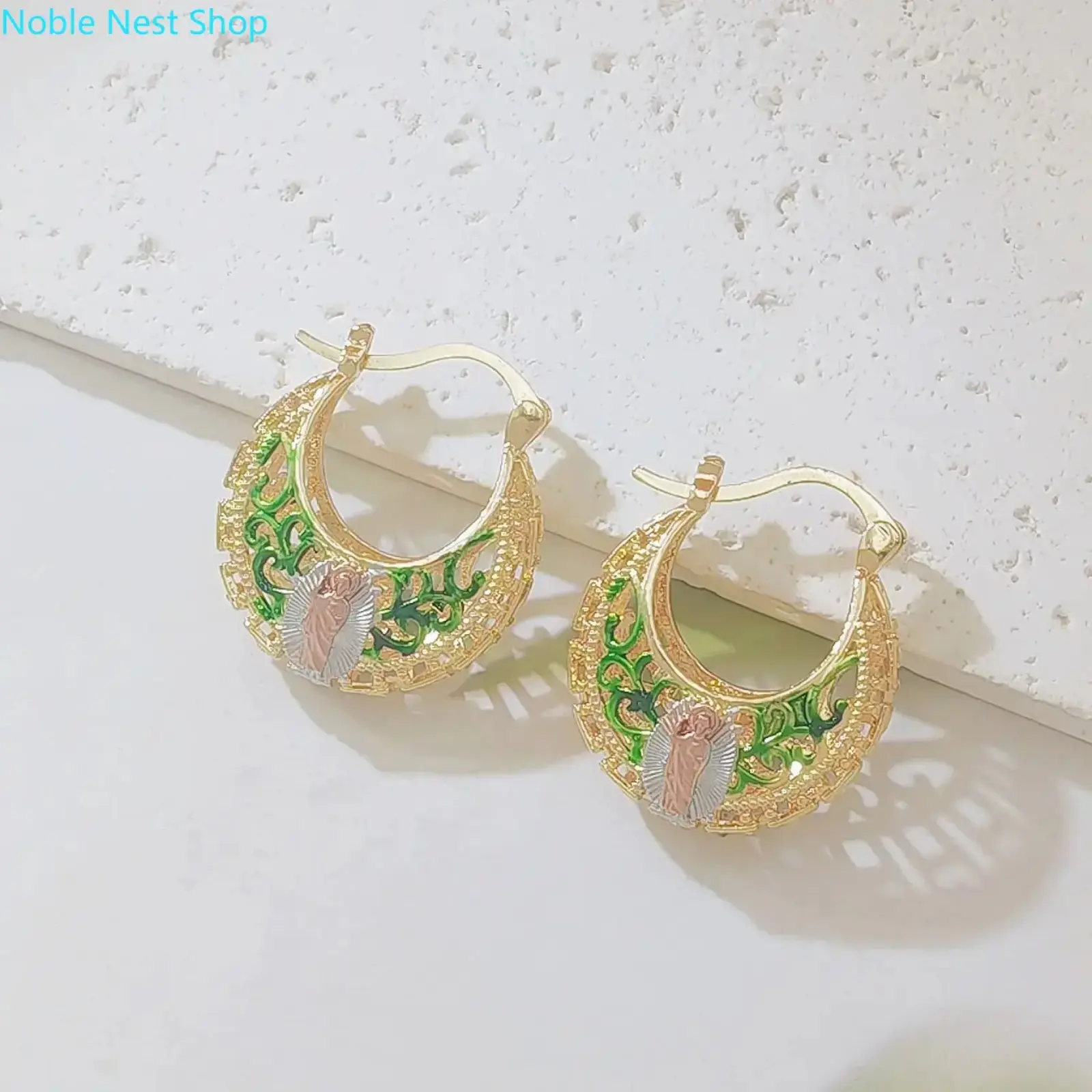 Women 14K Gold Plated Tri-Tone Guadalupe Virgin Mary Basket Hoop Earrings, Filigree Green Enamel Boho Religious Ear Jewelry, Good Luck Protection Accessory for Daily Wear & Spiritual Faith Gifts