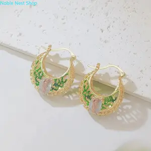 Women 14K Gold Plated Tri-Tone Guadalupe Virgin Mary Basket Hoop Earrings, Filigree Green Enamel Boho Religious Ear Jewelry, Good Luck Protection Accessory for Daily Wear & Spiritual Faith Gifts