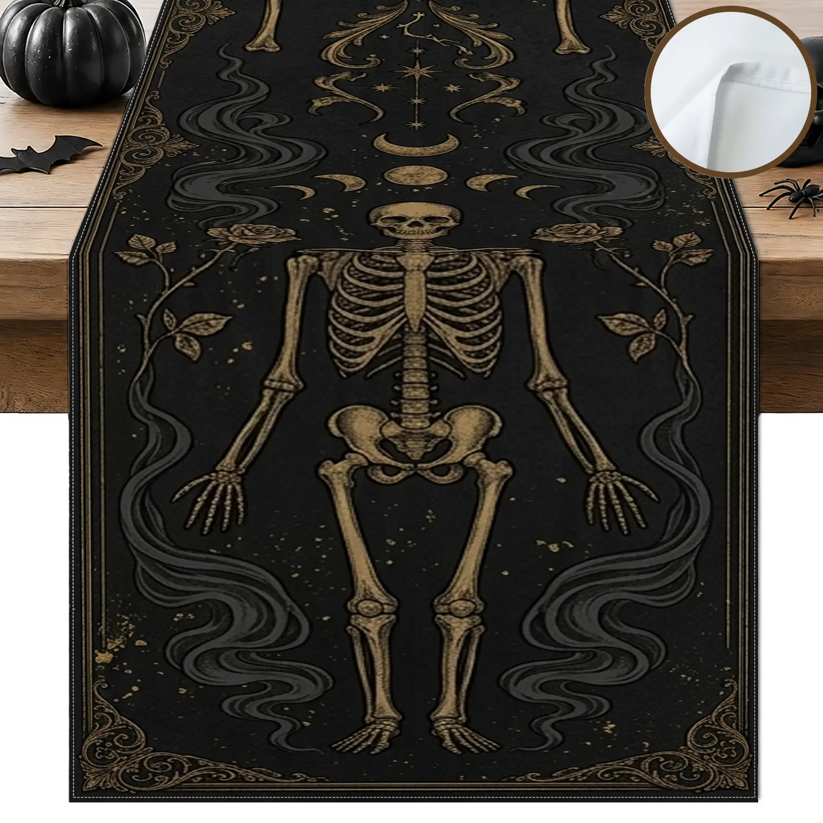 1pc Skeleton Moon Floral Table Runner, Gothic Style, Decorative Border and Repeating Pattern, for Dining Table Halloween Party Home Decor Fall Decor