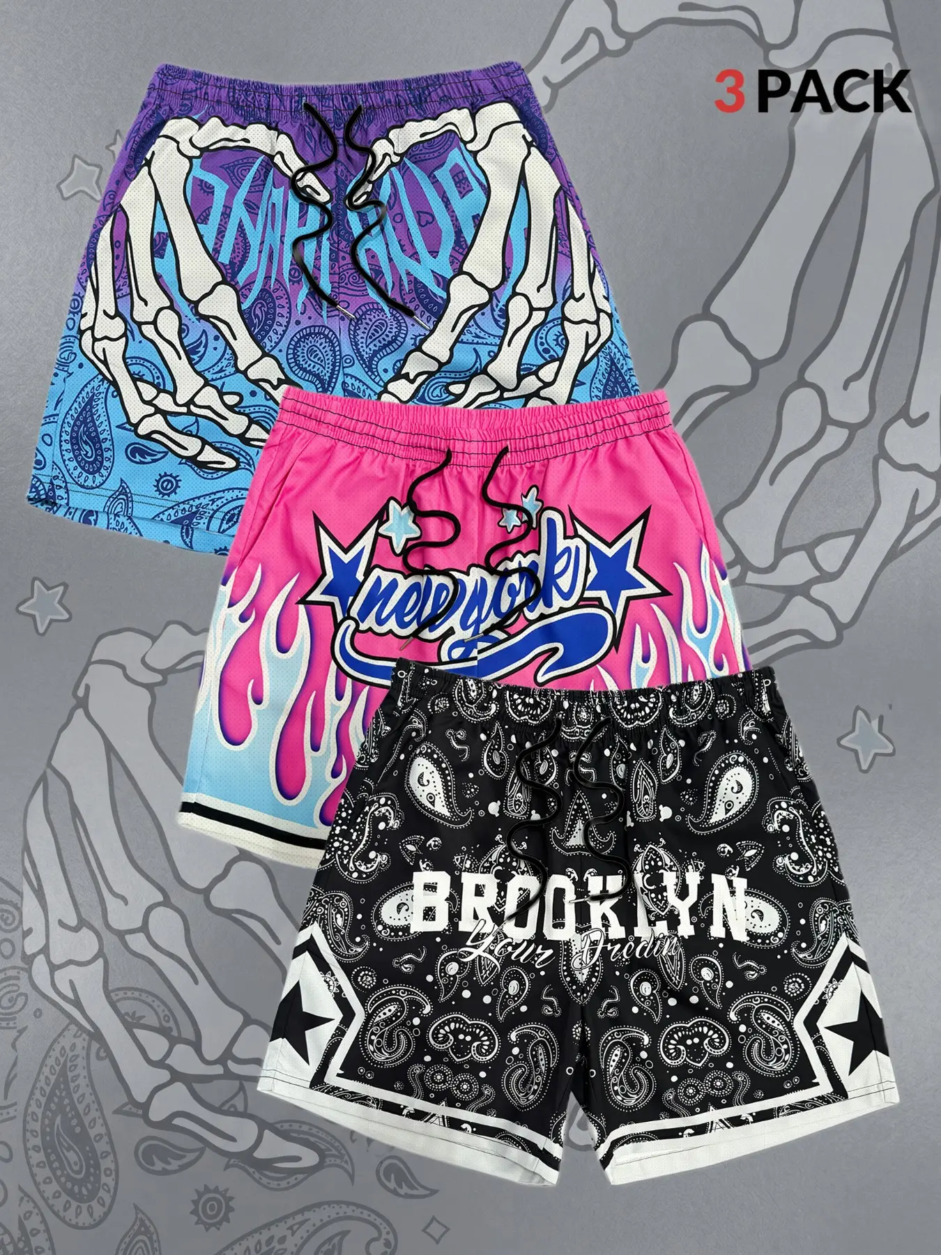 3-Pack American Street Style Shorts for Men, Skull Heart Flame New York Print, Loose Fit Sporty Five-Quarter Pants, Above the Knee