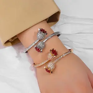 Women's 1Pc Elegant Golden Rose Flowers-Inlaid Cubic Zirconia Open Cuff Bangle Bracelet, Sports & Outdoor Protective Gear Fashion Jewelry for Birthday Gifting