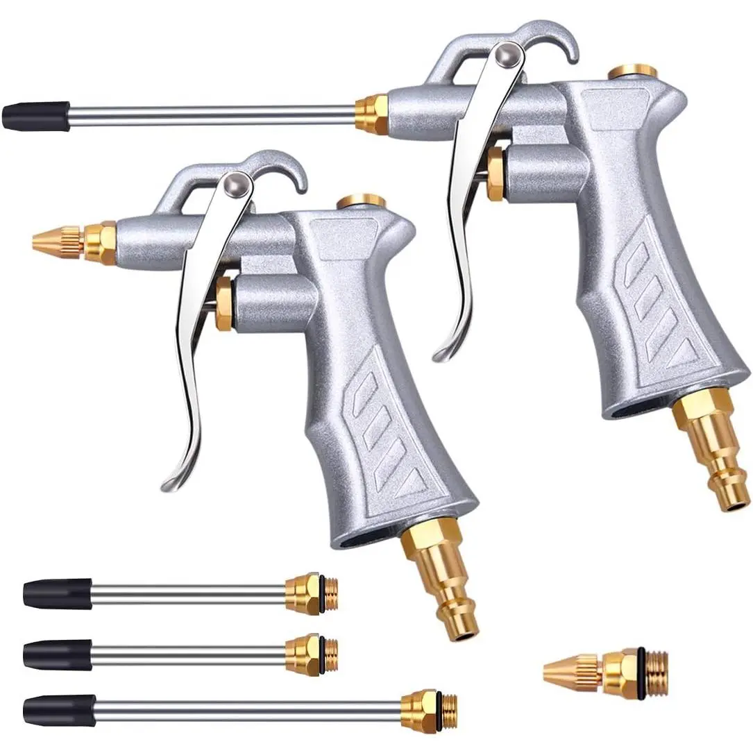 2 Pack Air Blow Gun, Brass Air Flow Nozzle & 2 Steel Air Flow Extension | Powerful Air Flow, All Metal Construction, Adjustable Air Flow Nozzle, Metal Hanging Hook for Storage