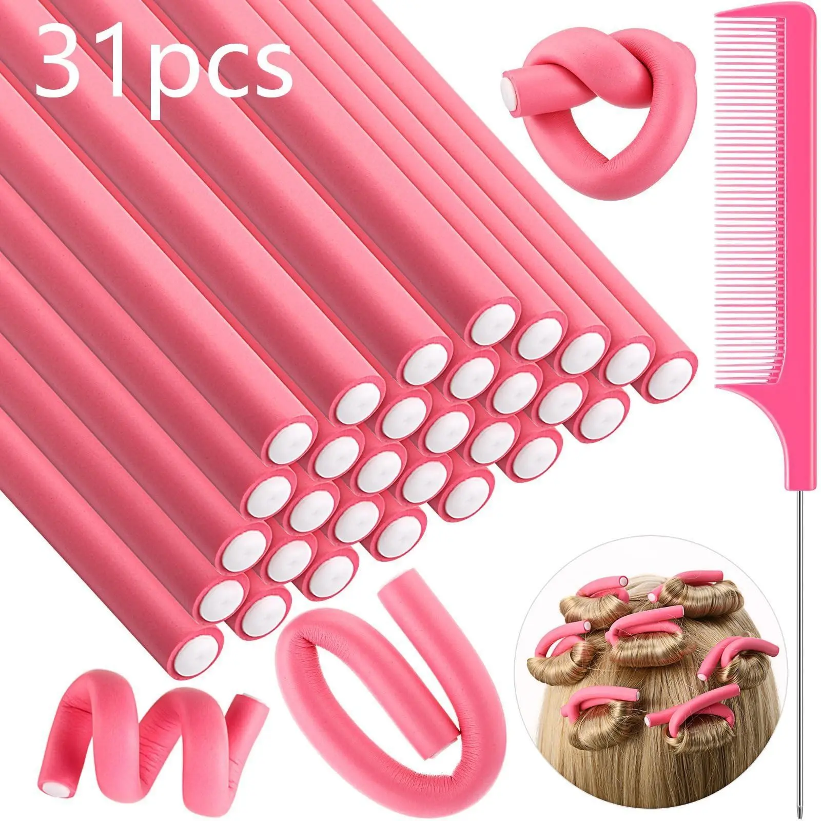 30pcs Bendable Foam Hair Rollers, Soft No-Heat Curler Set with Steel Tail Comb, Long Short Hair Styling Tool, Easy to Use