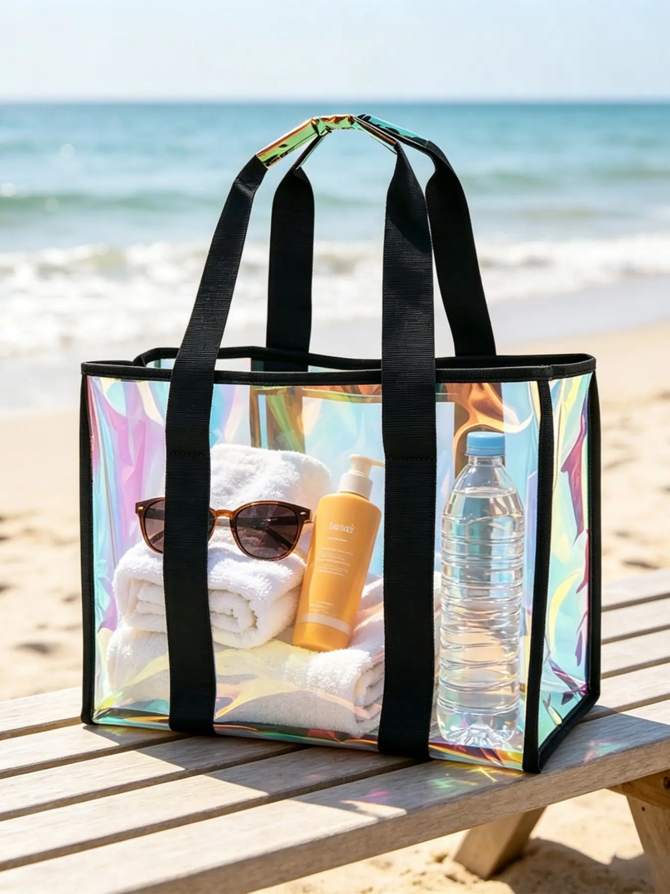 PVC Rainbow Holographic Tote Bag Waterproof Casual Large-Capacity All-Season Shopping Bag All over Print and Solid Pattern