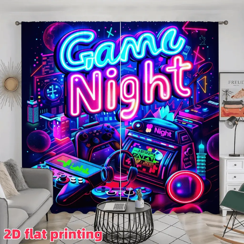 2D Flat 2Pcs Vibrant Neon Game Night Theme Curtains, Sci-Fi Cityscape & Gaming Gear Print, Modern Decorative Window Drapes for Room, Bedroom, Living, Perfect Gamers, Home Decor, Party Backdrop, Privacy Protection.