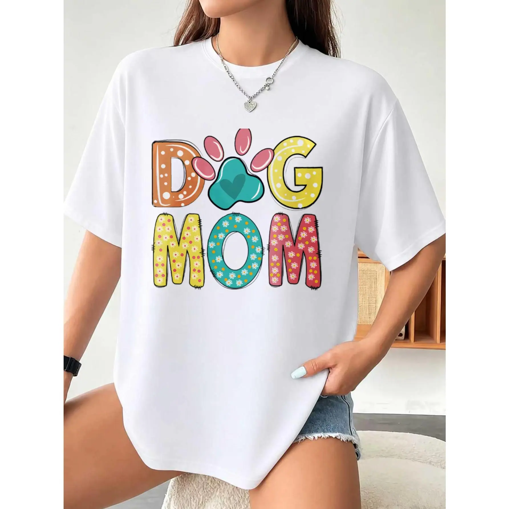 Women's Plus Size Oversized 100% Cotton Crew Neck T-Shirt - Casual Dog Mom Tops with Colorful Paw Print, Spring Summer Women's Clothes, Gift for Dog Lovers, Round Neck, Tshirt, Oversized Tshirt Women
