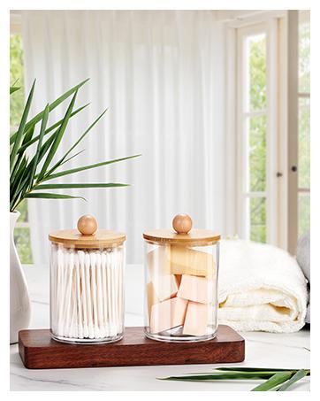 Apothecary Jars Bathroom Vanity Storage Organizer Set -Countertop Canister Plastic Acrylic Jar - Farmhouse Decor Qtip Holder for Cotton Swabs,Makeup Sponges,Flossers,Paper Clips -Black(2)