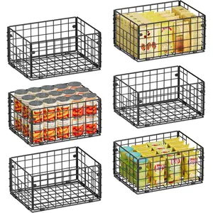 Metal Wire Basket Shelf Containers - 6 Pack Foldable Wall-Mount Cabinet Organizers with Handles, 12"x9"x6" Patent Design Vegetable Food Storage Bins for Kitchen, Garage