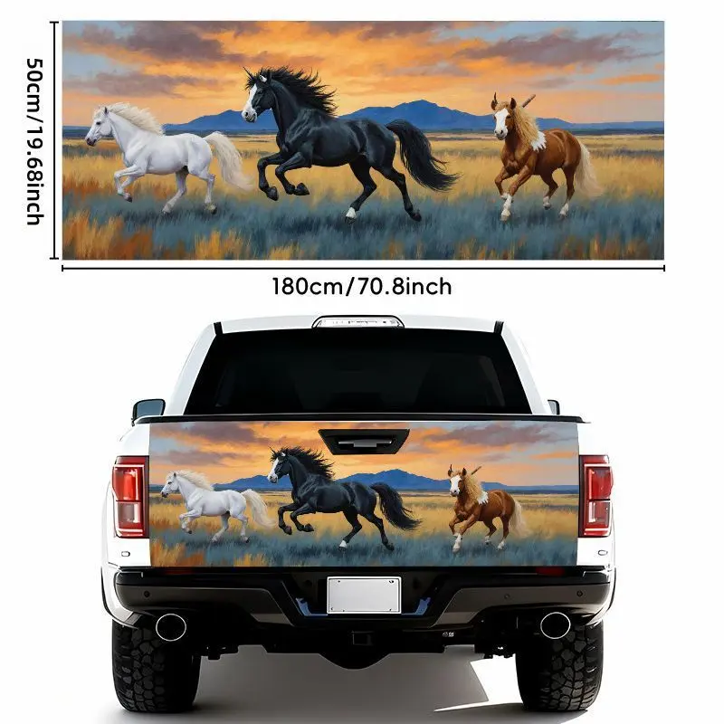1pc of a Car Sticker Featuring Black, White, And Brown Horses Galloping on a Golden Grassland Under a Sunset Sky, Measuring 19.69*70.87inch. It Is Waterproof, Self-Adhesive, Suitable for Tailgates And Bumpers, Weather-Resistant, Truck Stickers