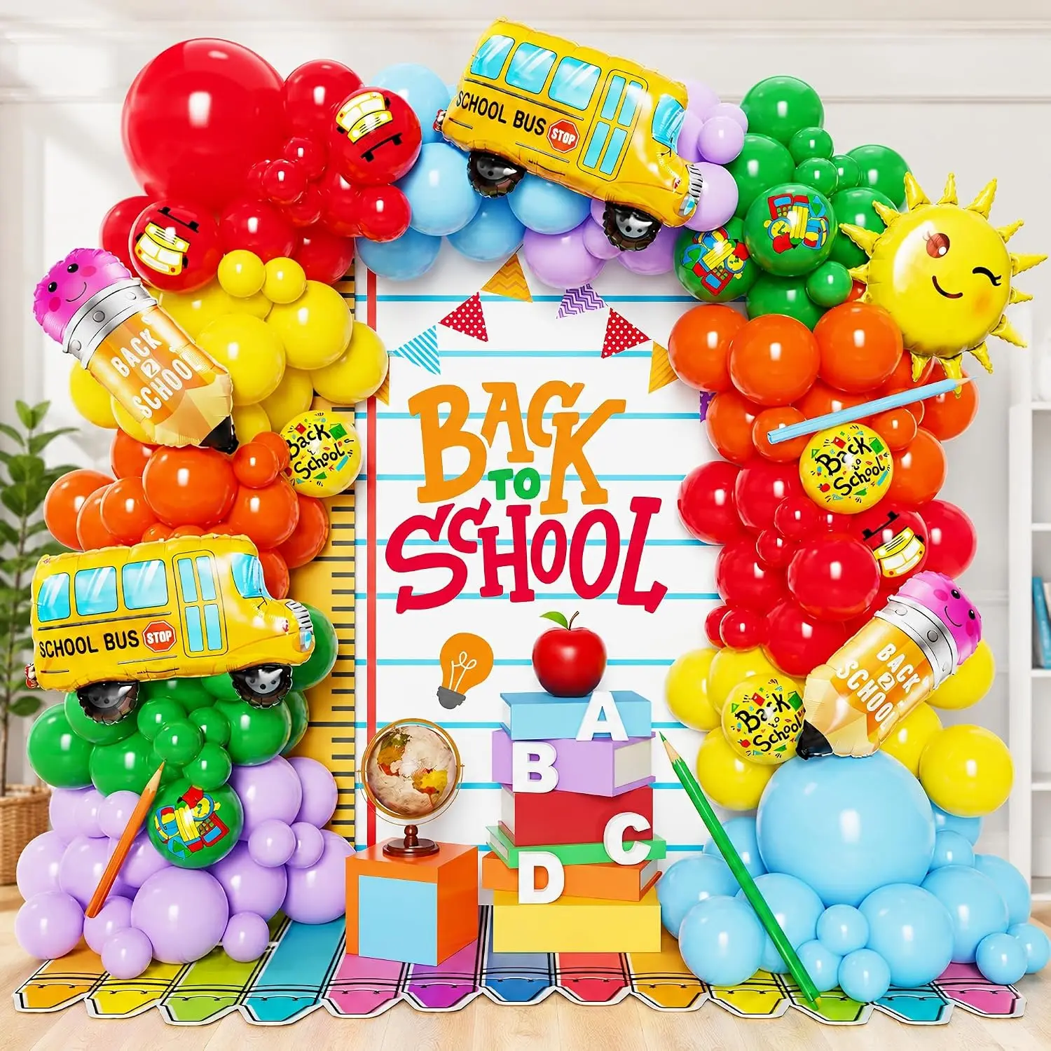 to School Balloon Arch, 160 count  of School Decorations, Rainbow Balloons with School Bus Pencil for  Classroom Graduation Party Supplies
