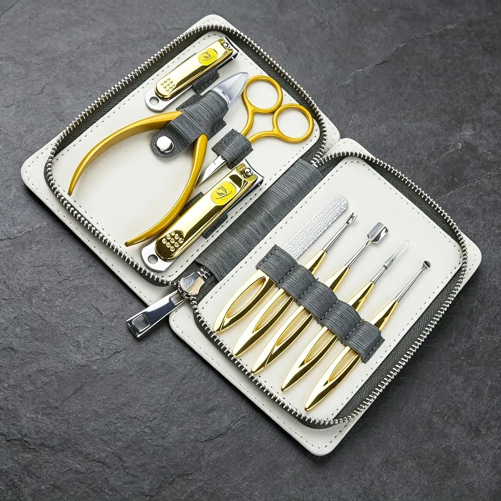 Beauty Angel 9 in 1 Professional Manicure Pedicure Set - Stainless Steel Nail Clippers, Nail File, Cuticle Nipper, Scissors, Pushers, Travel PU Leather Case for Men & Women - Gift Idea