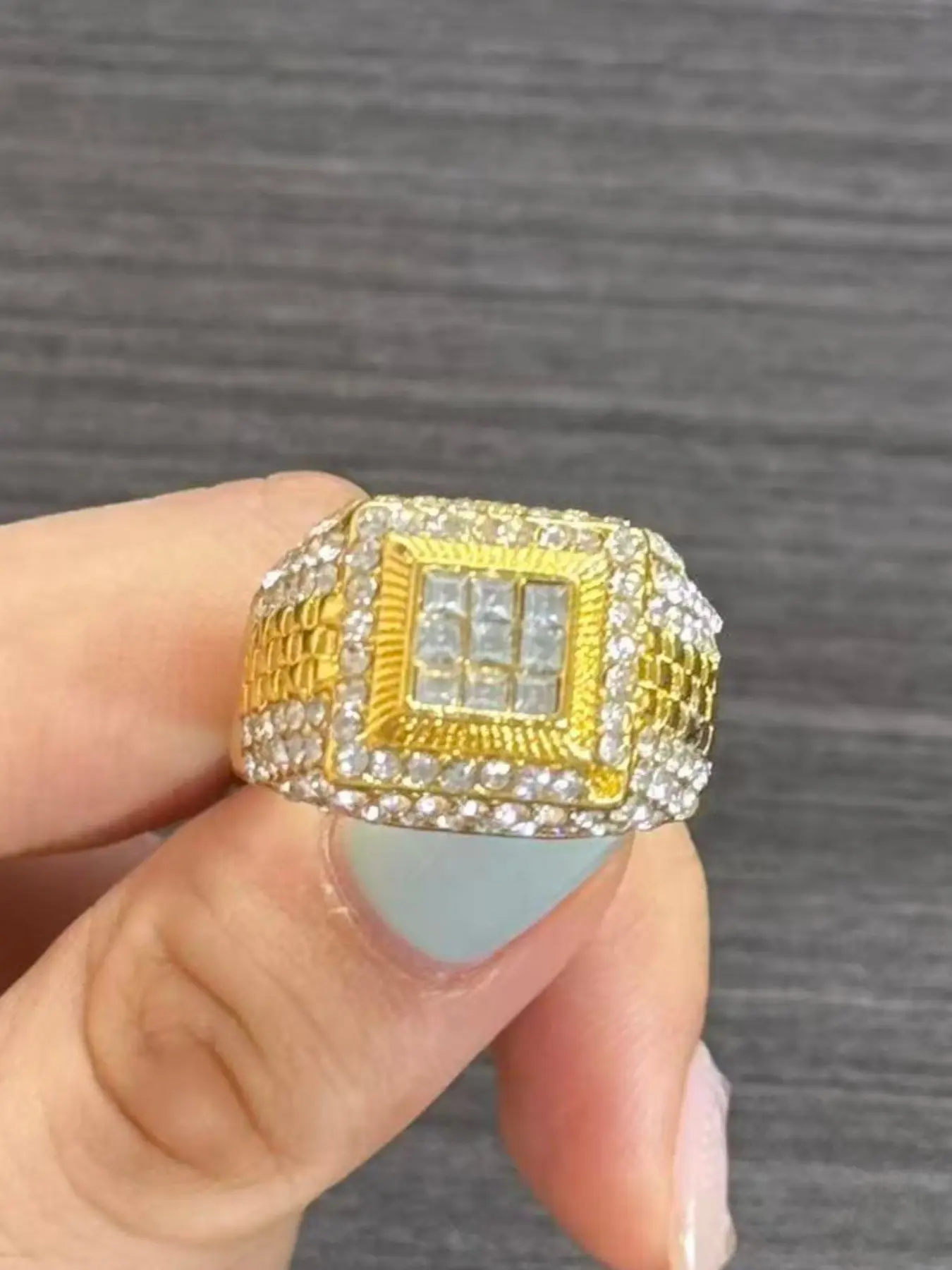 Gold Diamond Square Statement Jewelry Ring Ultimate Hip-Hop Baddie Vibe Chef’s Kiss for Dates Parties Festivals & Everyday. Perfect Gift for Boyfriends & Bros - Ideal Birthday Gift for Him.