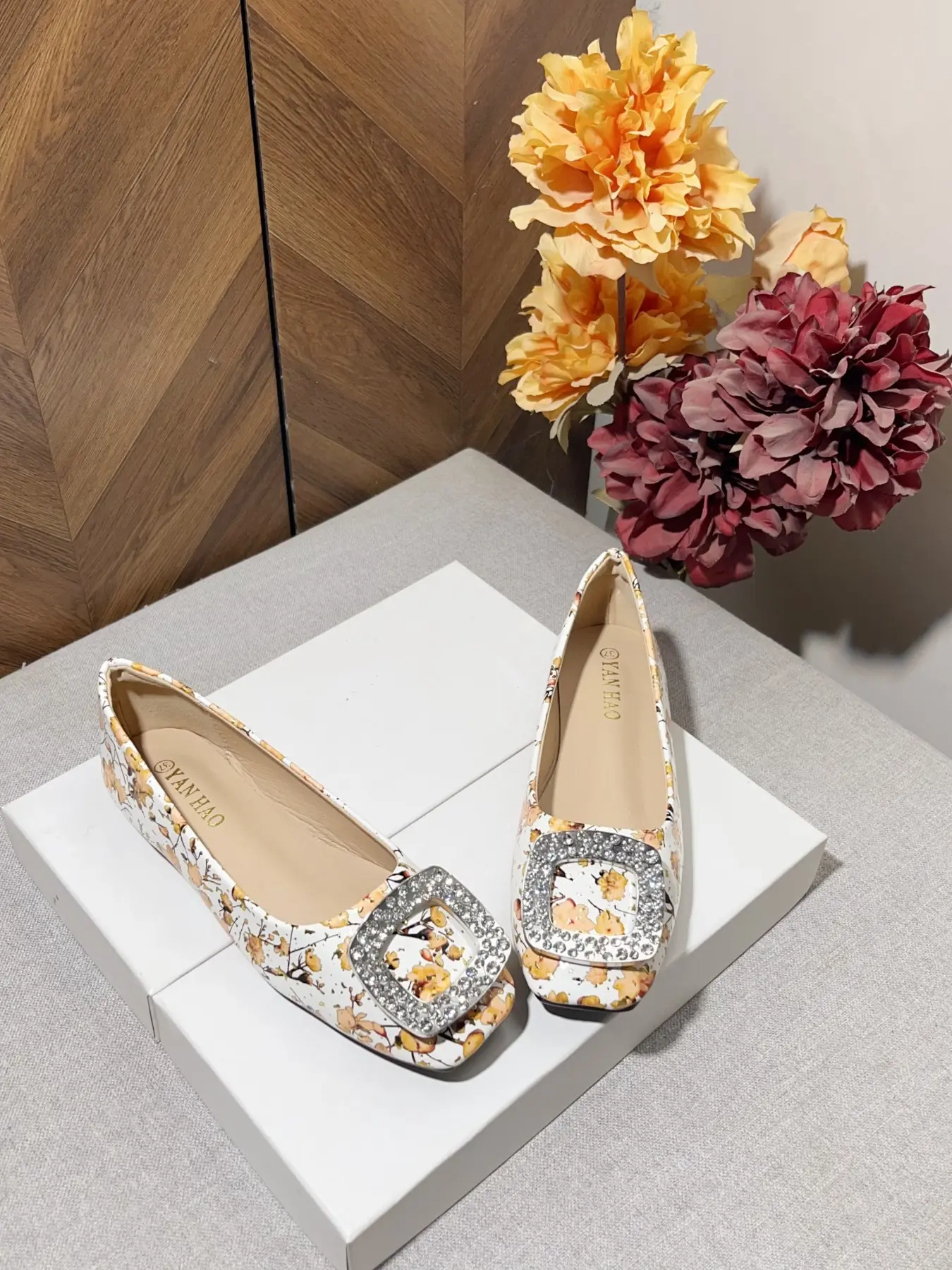 Women's Square Toe Flat Shoes, Floral Print, Rhinestone Decor, Comfortable Soft Sole, Casual Style, All Seasons, Easy Slip-On, Multiple Colors