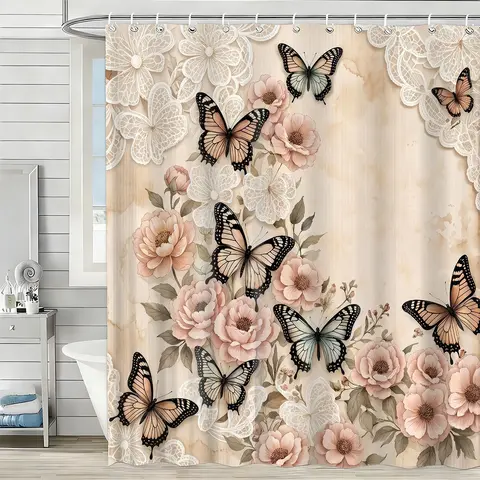 Pink Flower Butterfly Printed Decorative Girly Shower Curtain Cute Floral with Hook, for Windows and Walls, Bathtub Bathroom Shower Curtains Home Decor Shower Curtain, Four Seasons Universal 71x71 inches
