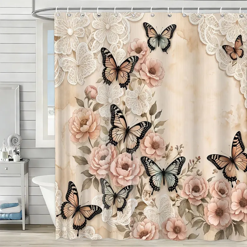 Pink Flower Butterfly Printed Decorative Girly Shower Curtain Cute Floral with Hook, for Windows and Walls, Bathtub Bathroom Shower Curtains Home Decor Shower Curtain, Four Seasons Universal 71x71 inches