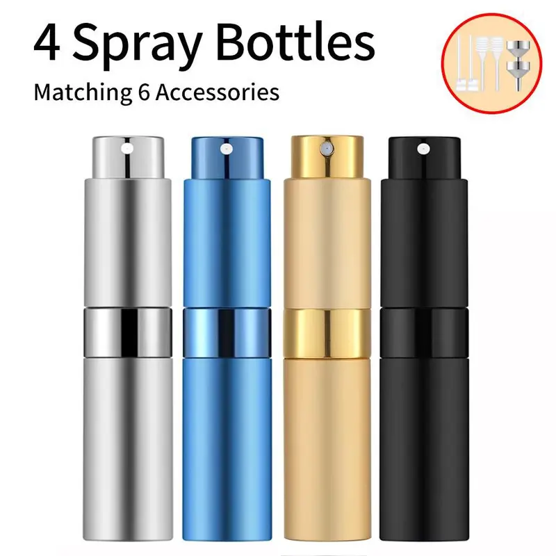 4pcs 8ML Travel Perfume Atomizer Bottle Reusable, Includes 4 Spray Bottles, 2 Aluminum Funnel, 2 Dispensing Tools, 2 Spring Straws, Perfume Dispenser