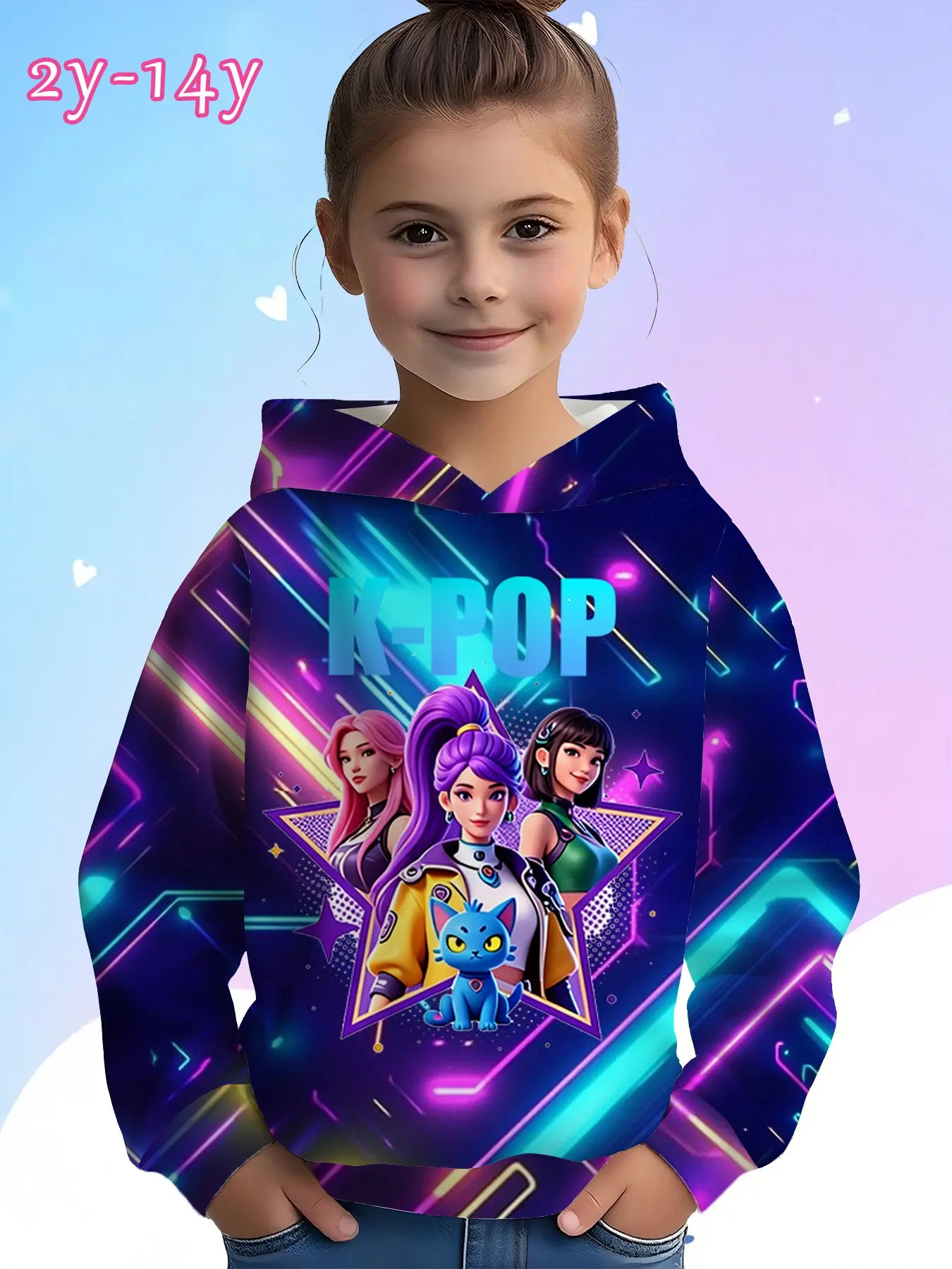 Cyberpunk Star Frame Girl Group Cute Pet Print Artwork Sweatshirt, Trendy Kids Hoodie, K-Idol Style Fall & Winter Clothing