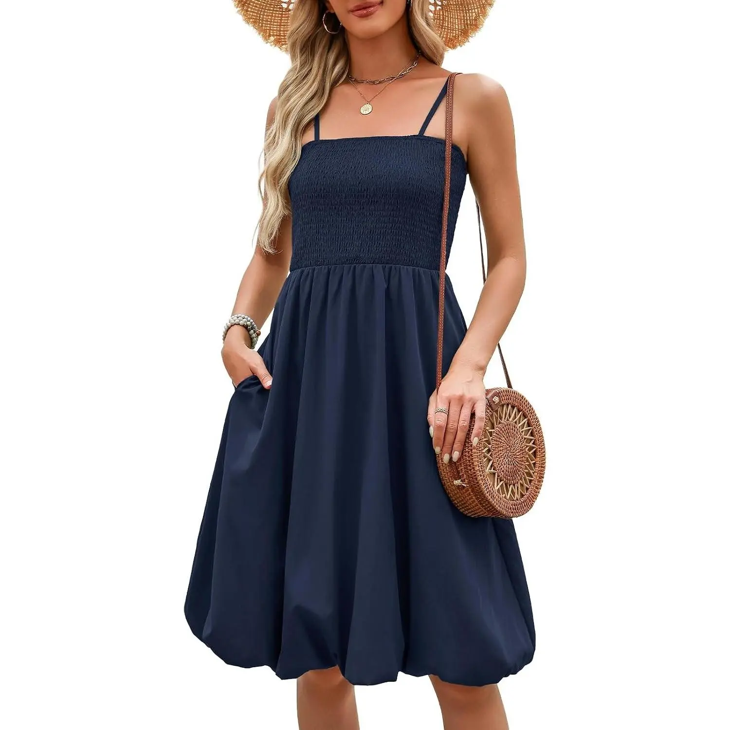 Women's Summer Smocked Midi Sun Dress with Pockets Spaghetti Strap Boho Beach Casual Bubble Dress(Gift)