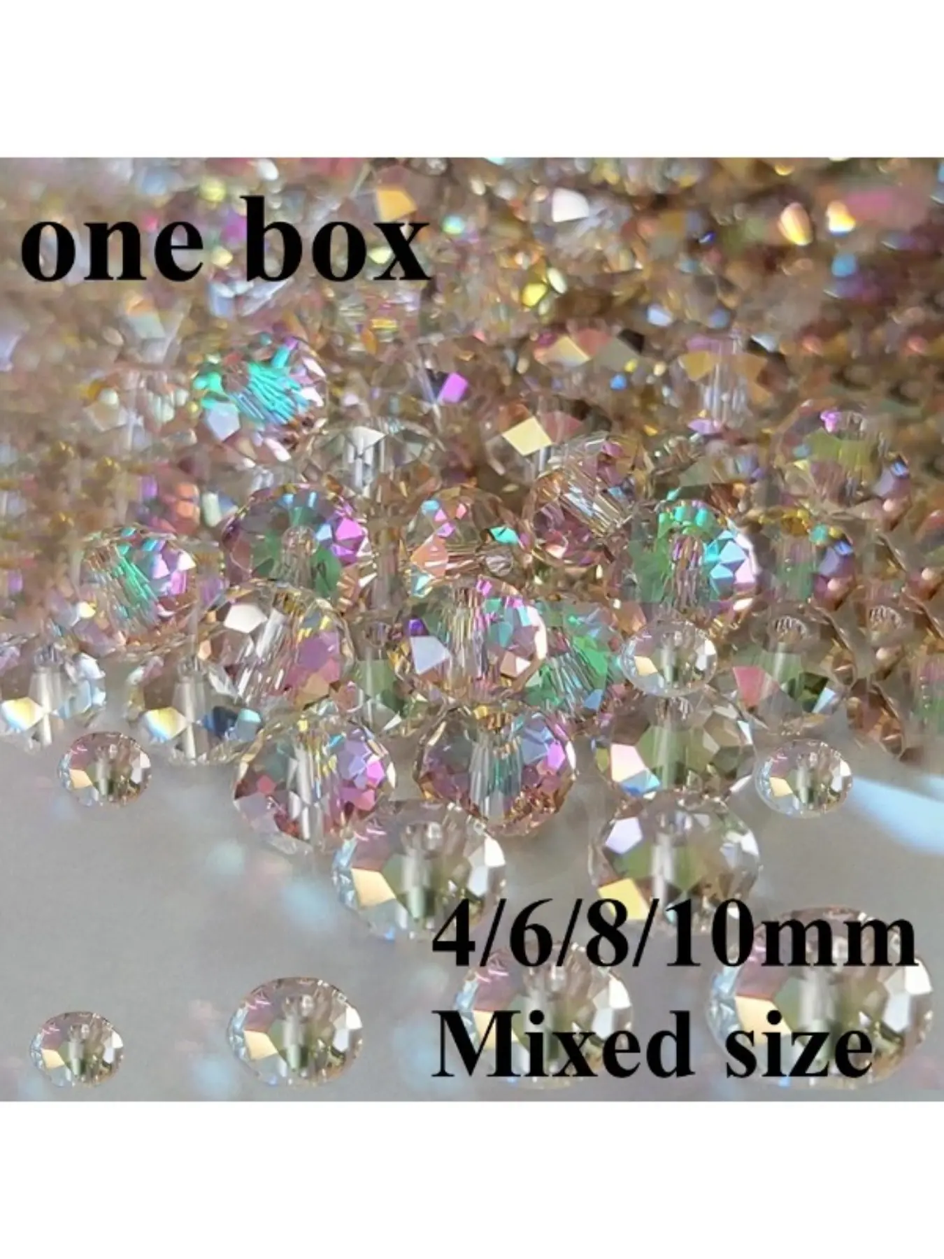 A box of champagne colored glass beads, 4/6/8/10mm in four sizes, mixed with glass bead jewelry, bead bracelets, necklaces, pendants, and other accessories