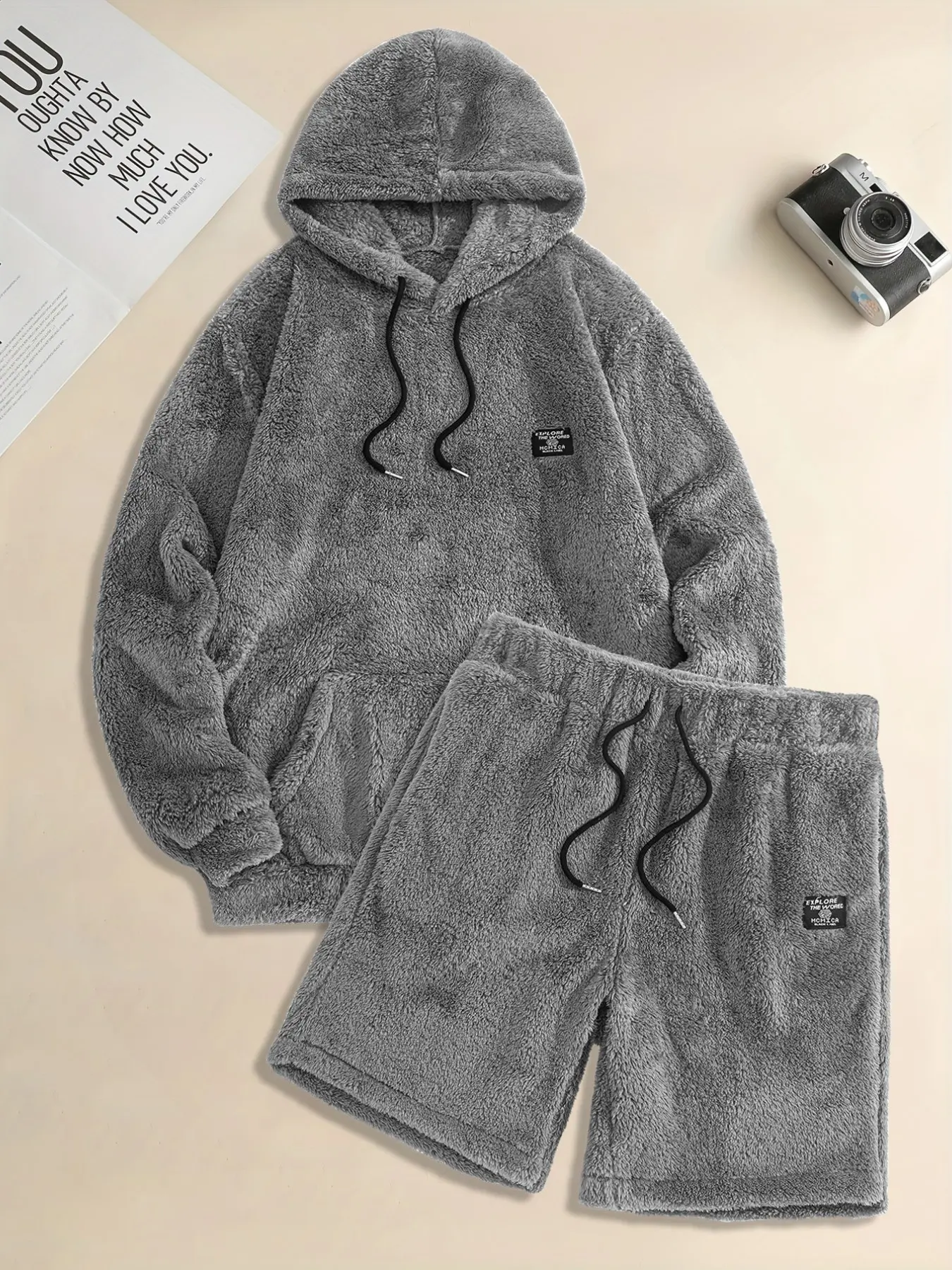 Men's Solid Fluffy Fleece Tracksuit, 2 Piece with Drawstring Hoodie and Shorts, Soft Casual Loungewear for Home and Street