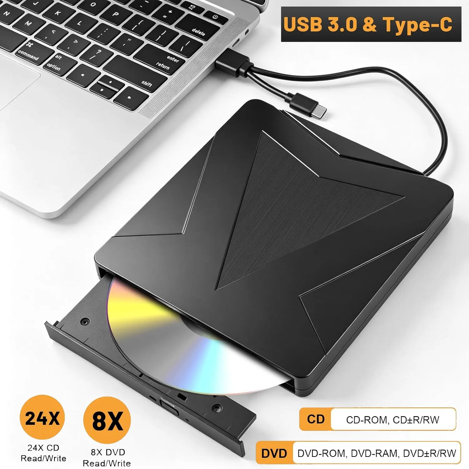 External CD DVD Drive for Laptop, USB 3.0 & Type-C Portable CD DVD +/-RW Drive, DVD/CD ROM Burner Reader, Slim Optical DVD Drive, CD Player for Laptop Desktop PC MacBook Windows 11/10/8/7/XP Linux Mac OS