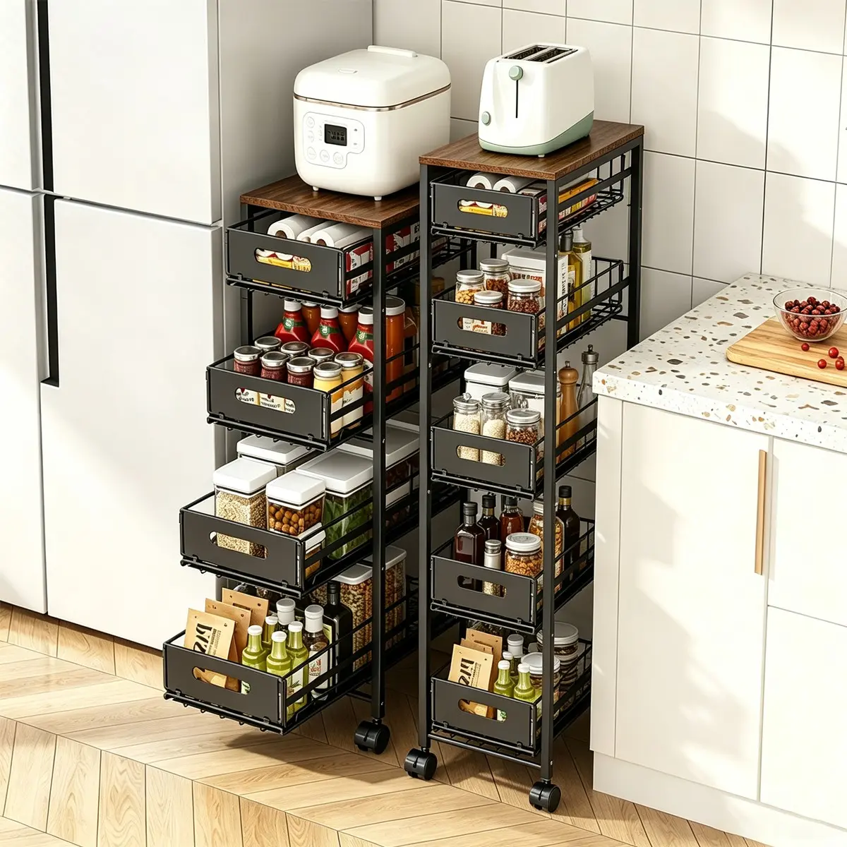 4/5-Tier Utility Kitchen Organizer, Rolling Pantry Kitchen Cart with Pull-Out Baskets, Space-Saving Storage Solution