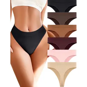 Women's High-Waisted Seamless Thongs (6 Pack) - Breathable No-Show Cotton Panties, Elastane Underwear for Women, Hand Wash Compatible